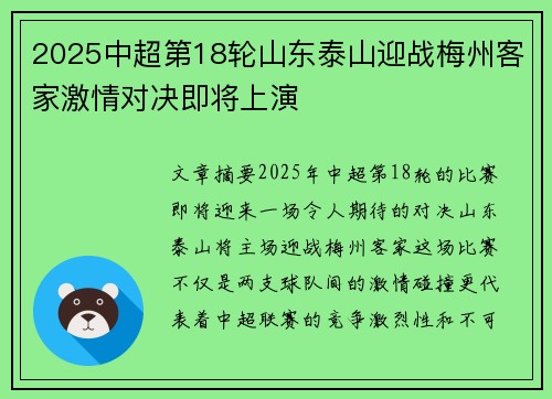 2025中超第18轮山东泰山迎战梅州客家激情对决即将上演