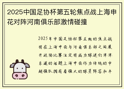 2025中国足协杯第五轮焦点战上海申花对阵河南俱乐部激情碰撞