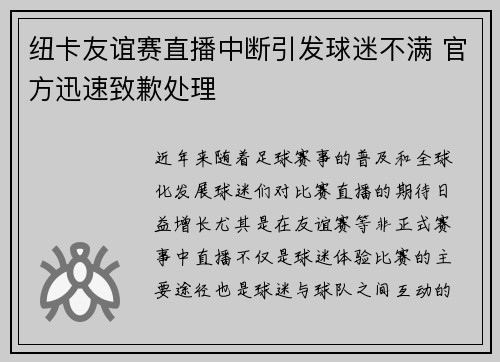 纽卡友谊赛直播中断引发球迷不满 官方迅速致歉处理
