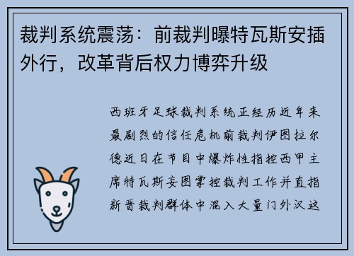 裁判系统震荡：前裁判曝特瓦斯安插外行，改革背后权力博弈升级