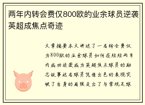 两年内转会费仅800欧的业余球员逆袭英超成焦点奇迹